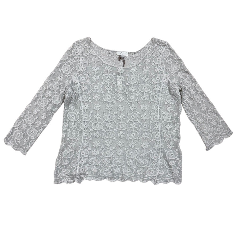 NWT Capri by Sioni Women's Mesh Sheer Lace Chiffon Blouse 3/4 Sleeve Top Size S